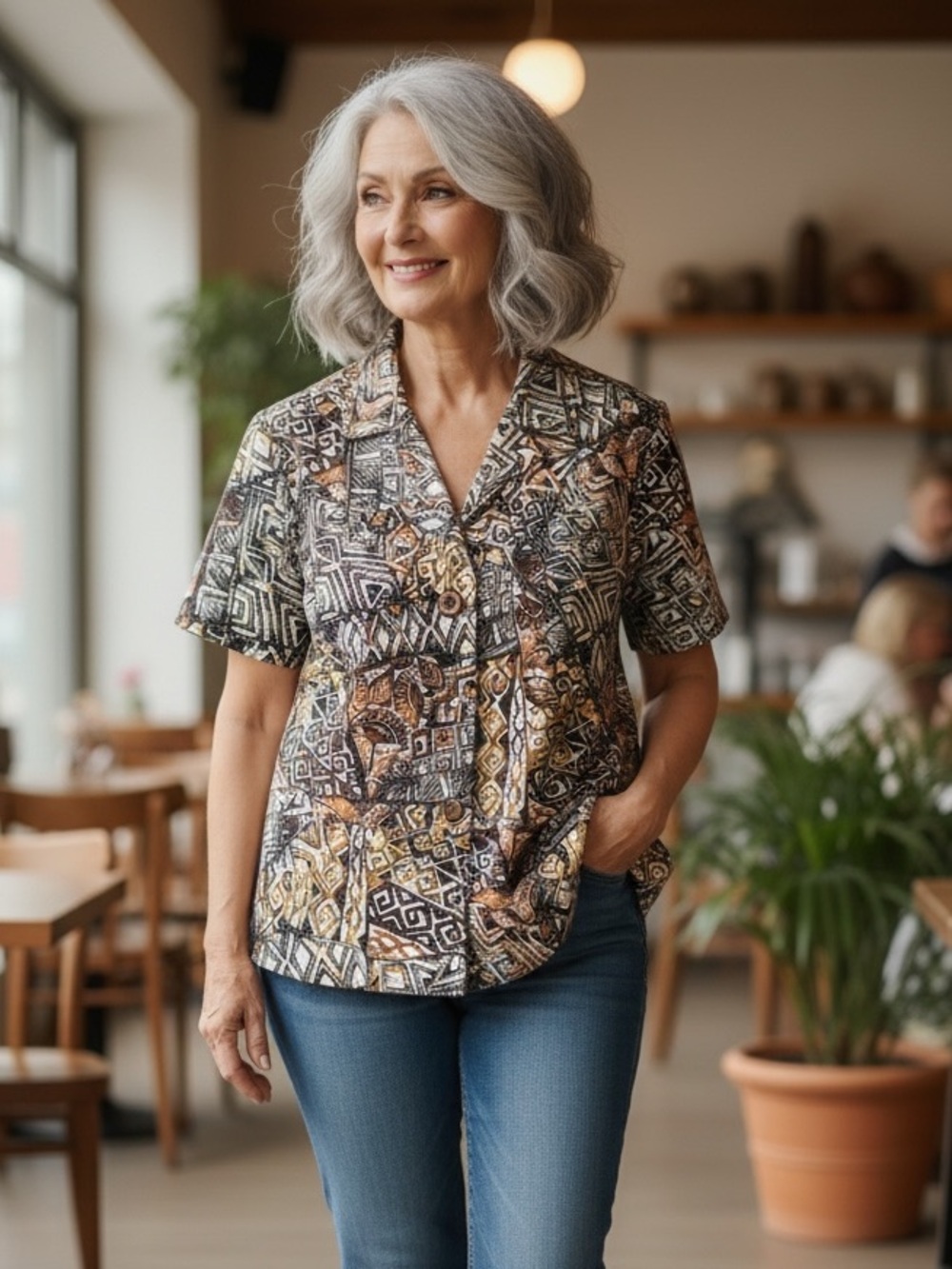 Christopher & Banks Short-Sleeve Button Front‎ Top in Brown Multi